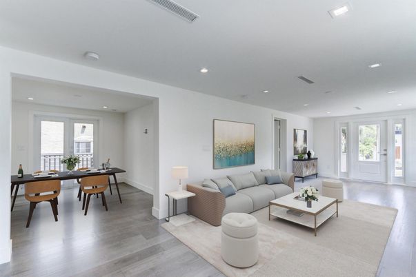 Dining room, Interior, Living room, Recessed Lighting, Wood Texture Flooring