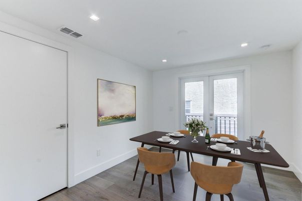 Dining room, Interior, Recessed Lighting, Wood Texture Flooring