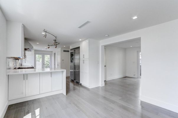 Interior, Kitchen, Recessed Lighting, Stainless Steel Appliances, Wood Texture Flooring