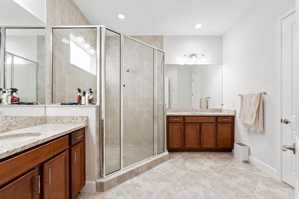 Bathroom, Dual Sink Vanities, Glass Shower, Interior, Recessed Lighting