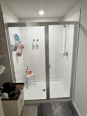Bathroom, Glass Shower, Interior, Recessed Lighting, Wood Texture Flooring