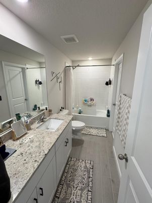 Bathroom, Dual Sink Vanities, Interior, Recessed Lighting, Wood Texture Flooring