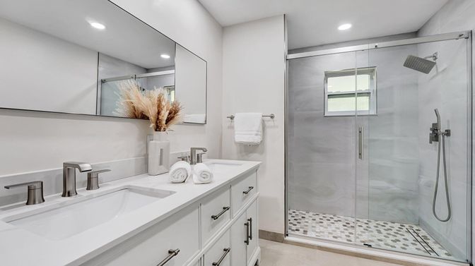 Bathroom, Dual Sink Vanities, Glass Shower, Interior, Recessed Lighting