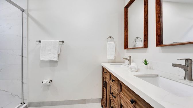 Bathroom, Dual Sink Vanities, Glass Shower, Interior, Marble Walls