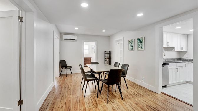 Dining room, Interior, Kitchen, Recessed Lighting, Wood Texture Flooring