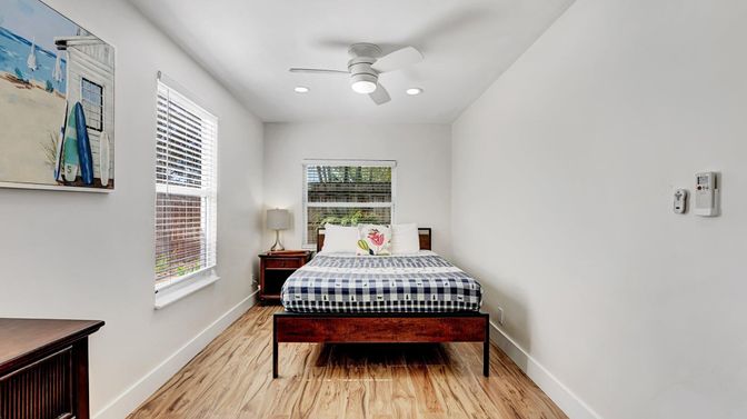 Bedroom, Interior, Recessed Lighting, Wood Texture Flooring