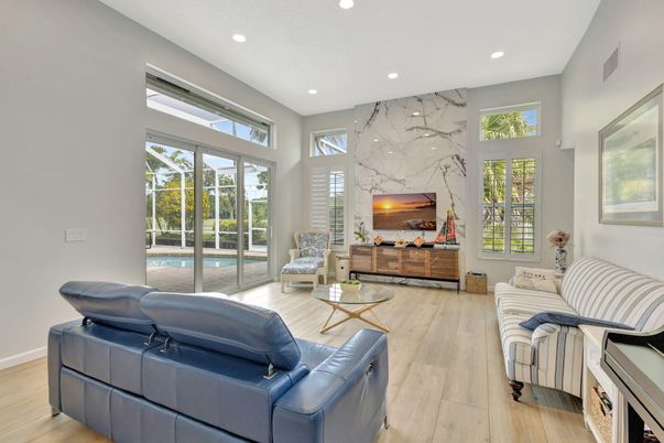 Interior, Living room, Marble Walls, Recessed Lighting, Wood Texture Flooring