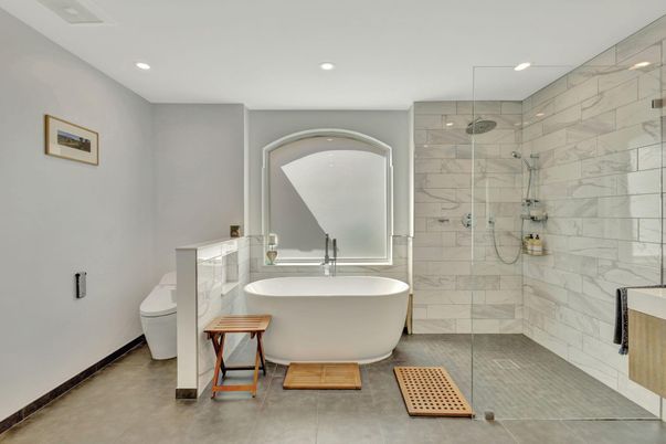 Bathroom, Free Standing Baths, Glass Shower, Interior, Marble Walls, Recessed Lighting