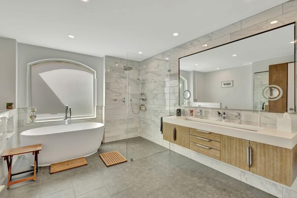 Bathroom, Dual Sink Vanities, Free Standing Baths, Glass Shower, Interior, Marble Walls, Recessed Lighting