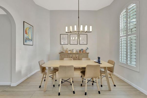 Dining room, Interior, Pendant Lights, Wood Texture Flooring