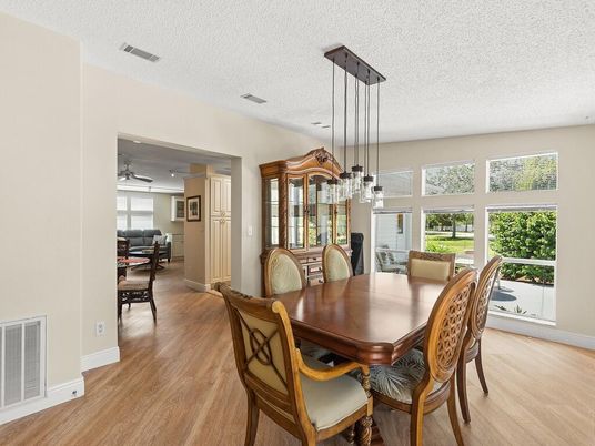 Dining room, Interior, Pendant Lights, Recessed Lighting, Wood Texture Flooring