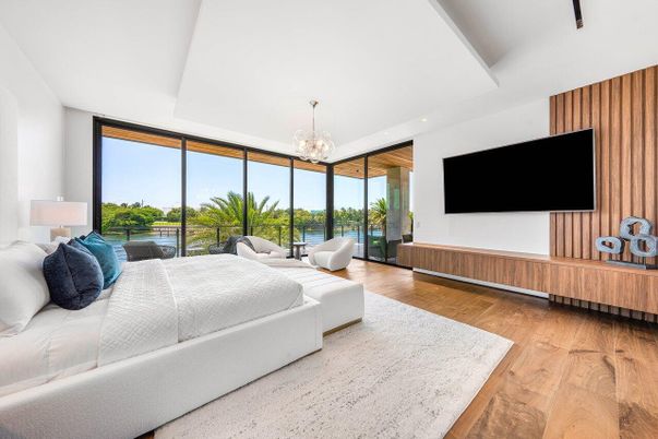 Bedroom, Chandelier, Interior, Recessed Lighting, Water, Wood Texture Flooring