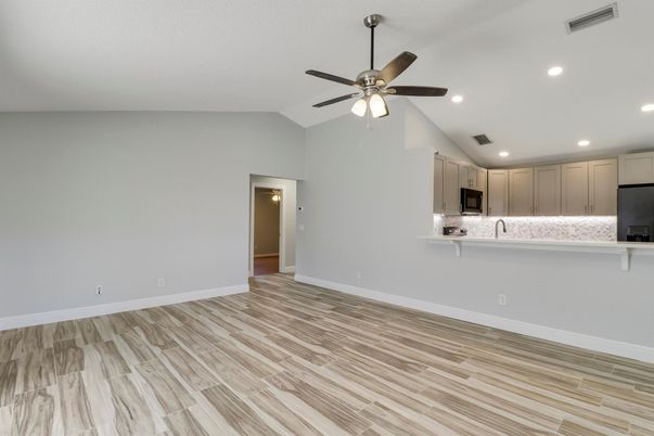 Empty room, Interior, Kitchen, Recessed Lighting, Wood Texture Flooring