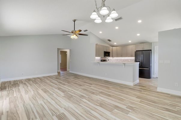 Empty room, Interior, Kitchen, Recessed Lighting, Wood Texture Flooring