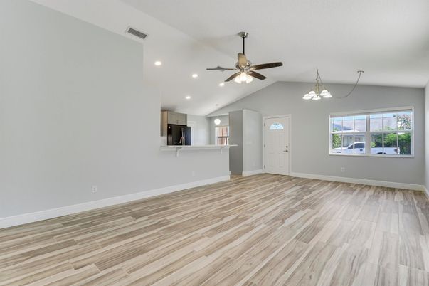 Empty room, Interior, Pendant Lights, Recessed Lighting, Wood Texture Flooring