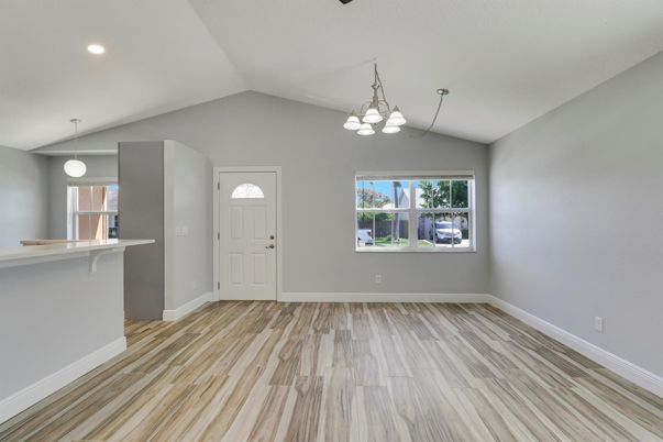 Chandelier, Empty room, Interior, Pendant Lights, Recessed Lighting, Wood Texture Flooring