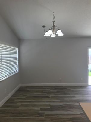Chandelier, Empty room, Interior, Pendant Lights, Wood Texture Flooring