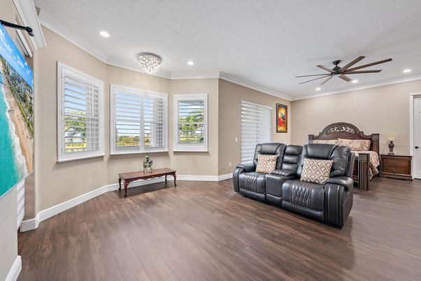 Bedroom, Chandelier, Interior, Recessed Lighting, Wood Texture Flooring