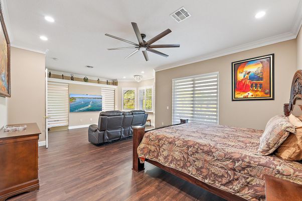 Bedroom, Interior, Recessed Lighting, Wood Texture Flooring