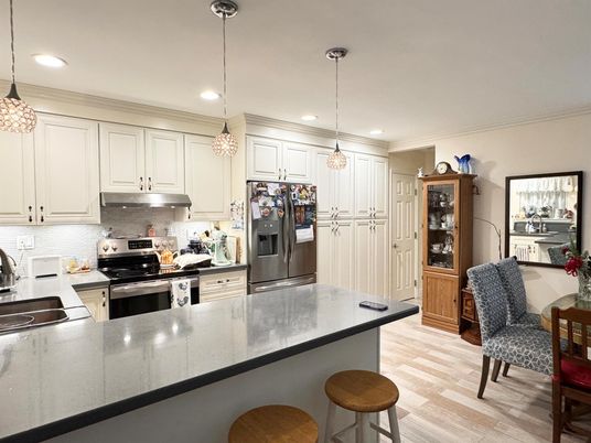 Interior, Kitchen, Pendant Lights, Recessed Lighting, Wood Texture Flooring