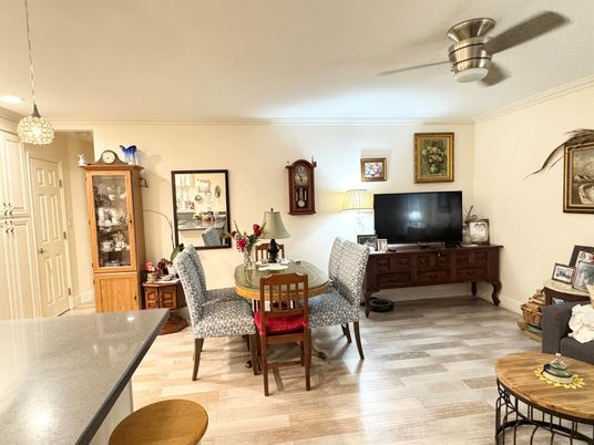 Dining room, Interior, Pendant Lights, Wood Texture Flooring