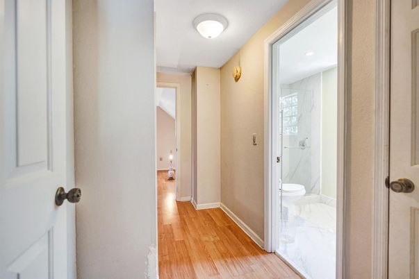 Bathroom, Interior, Marble, Recessed Lighting, Wood Texture Flooring