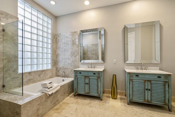 Bathroom, Dual Sink Vanities, Glass Shower, Interior, Recessed Lighting