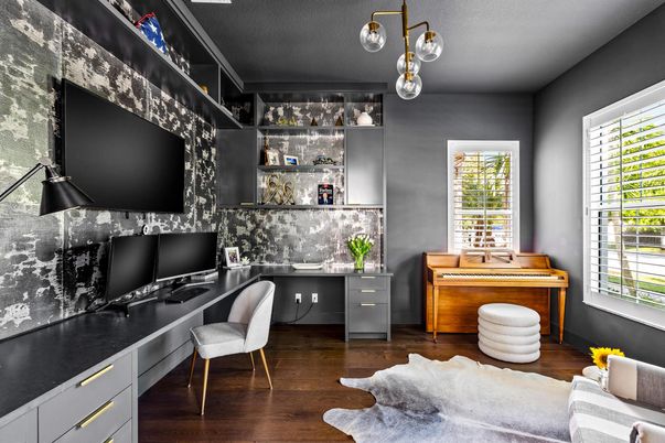 Home Office, Interior, Pendant Lights, Wood Texture Flooring