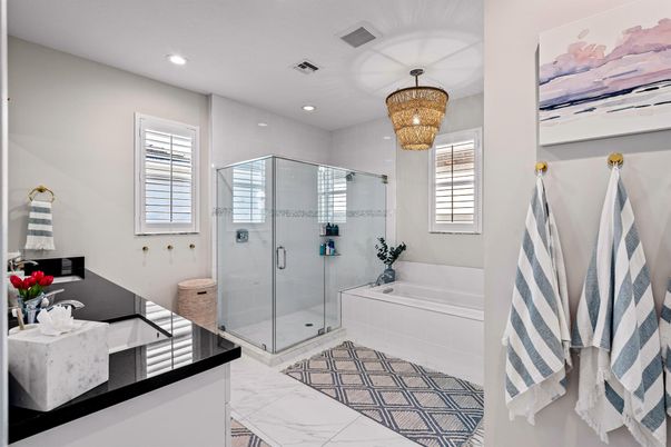 Bathroom, Chandelier, Glass Shower, Interior, Marble, Recessed Lighting