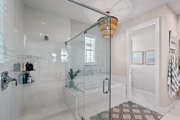 Bathroom, Chandelier, Glass Shower, Interior, Marble
