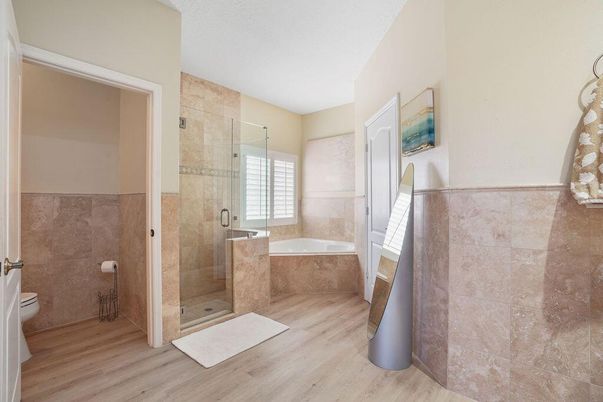 Bathroom, Glass Shower, Interior, Wood Texture Flooring