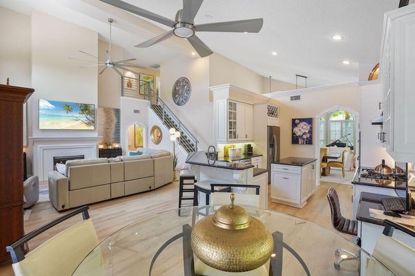 Fireplace, Interior, Kitchen, Living room, Pendant Lights, Recessed Lighting, Wood Texture Flooring