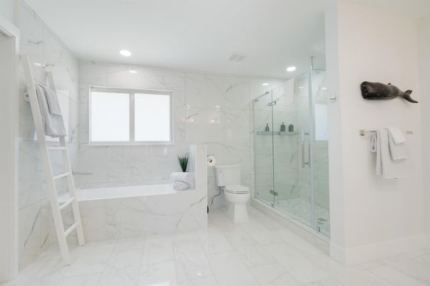Bathroom, Glass Shower, Interior, Marble, Marble Walls, Recessed Lighting