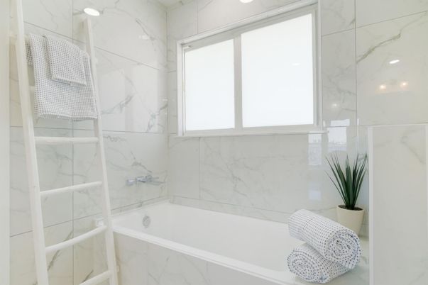Bathroom, Interior, Marble Walls, Recessed Lighting