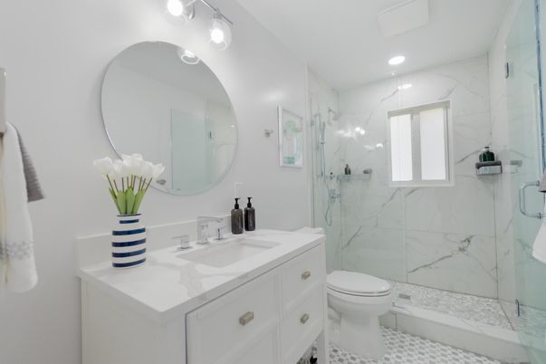 Bathroom, Glass Shower, Interior, Marble Walls, Recessed Lighting