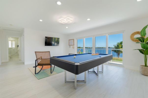 Billiard Table, Game Room, Interior, Recessed Lighting, Water, Wood Texture Flooring