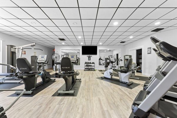 Fitness Equipment, Gym, Interior, Recessed Lighting, Wood Texture Flooring