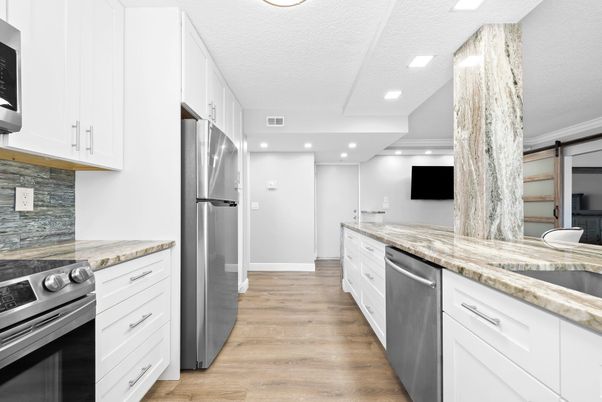Interior, Kitchen, Recessed Lighting, Stainless Steel Appliances, Wood Texture Flooring