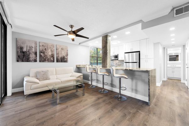 Interior, Kitchen, Living room, Recessed Lighting, Stainless Steel Appliances, Wood Texture Flooring