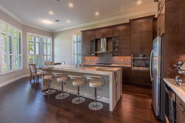 Dining room, Interior, Kitchen, Recessed Lighting, Stainless Steel Appliances, Wood Texture Flooring