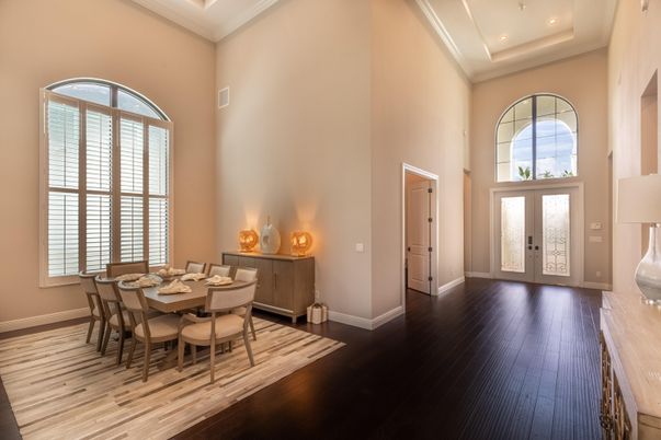 Dining room, Interior, Recessed Lighting, Wood Texture Flooring