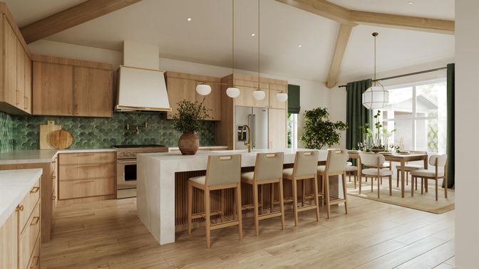 Dining room, Interior, Kitchen, Pendant Lights, Recessed Lighting, Stainless Steel Appliances, Wooden Beams, Wood Texture Flooring