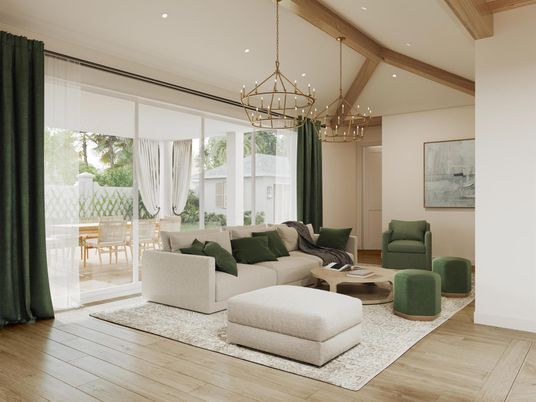 Chandelier, Interior, Living room, Pendant Lights, Recessed Lighting, Wooden Beams, Wood Texture Flooring