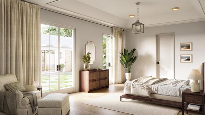 Bedroom, Interior, Pendant Lights, Recessed Lighting, Wood Texture Flooring