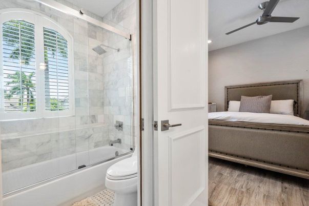 Bathroom, Bedroom, Glass Shower, Interior, Recessed Lighting, Wood Texture Flooring