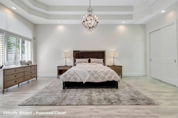 Bedroom, Chandelier, Interior, Recessed Lighting, Wood Texture Flooring