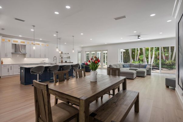 Dining room, Interior, Kitchen, Living room, Pendant Lights, Recessed Lighting, Wood Texture Flooring