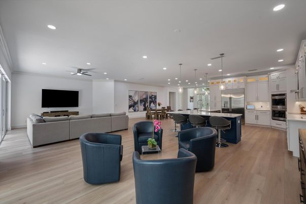 Dining room, Interior, Kitchen, Living room, Pendant Lights, Recessed Lighting, Stainless Steel Appliances, Wood Texture Flooring