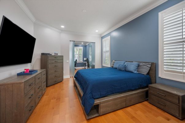 Bedroom, Interior, Recessed Lighting, Wood Texture Flooring