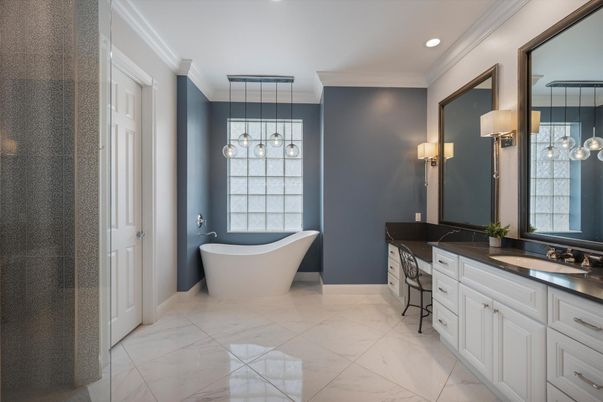 Bathroom, Dual Sink Vanities, Free Standing Baths, Interior, Marble, Pendant Lights, Recessed Lighting